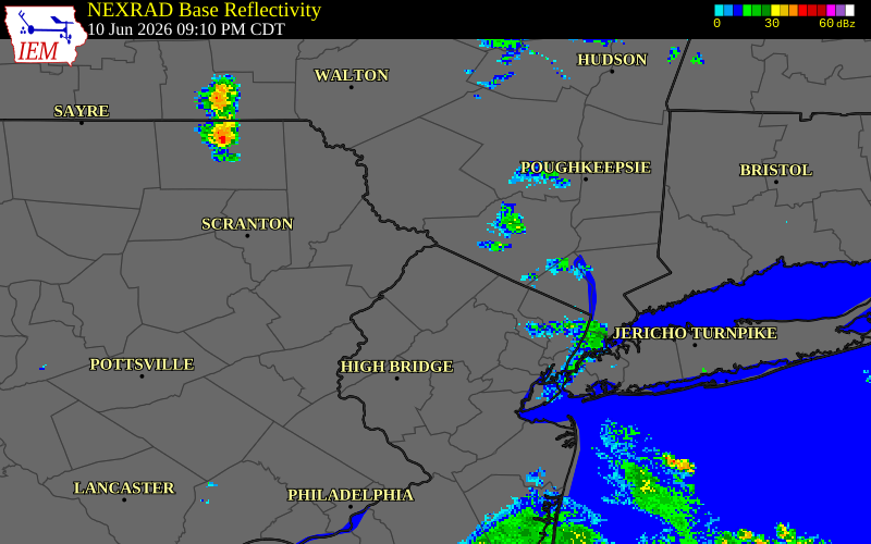 NEXRAD radar during the Wednesday, June 10, 2026 storm activity in Sussex County, New Jersey