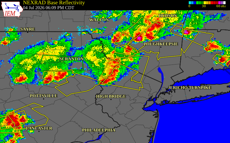 NEXRAD radar during the Saturday, July 4, 2026 storm activity in Sussex County, New Jersey