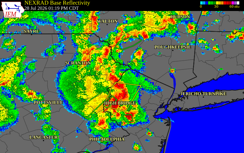 NEXRAD radar during the Tuesday, July 28, 2026 storm activity in Sussex County, New Jersey