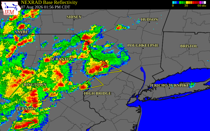 NEXRAD radar during the Friday, August 7, 2026 storm activity in Sussex County, New Jersey