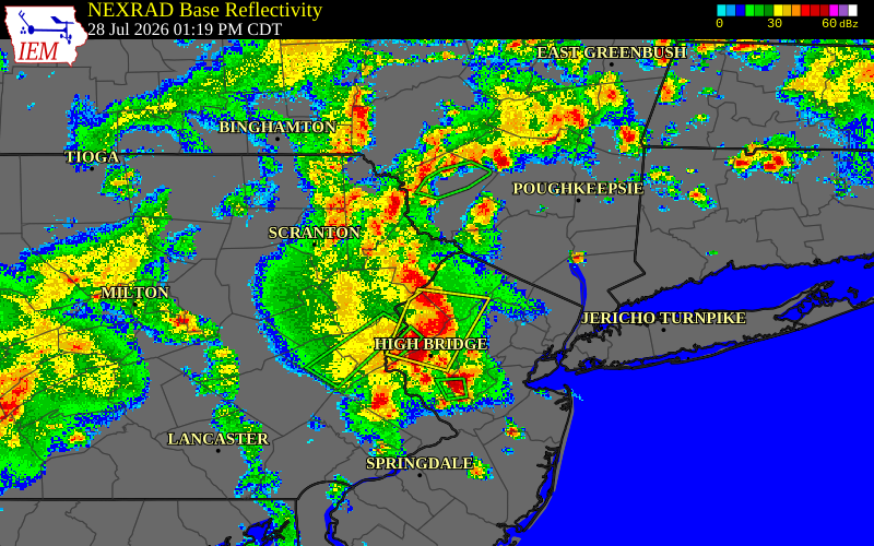 Radar snapshot during the Jul 28, 2026 wind event near 2 WNW Sandyston Twp, Sussex County, New Jersey, with NWS warning polygons