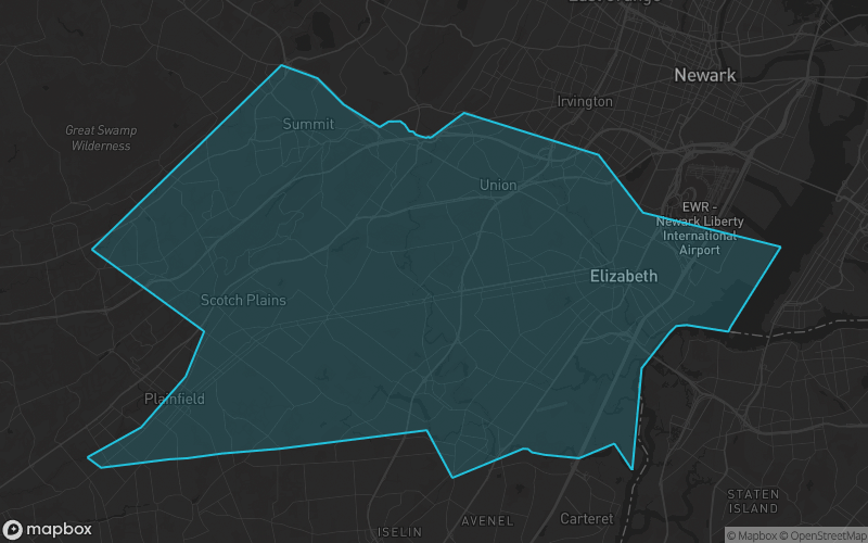 Map of Union County, New Jersey showing the county boundary and surrounding cities