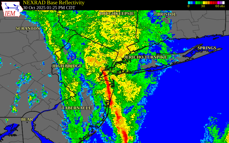 NEXRAD radar during the Thursday, October 30, 2025 storm activity in Union County, New Jersey