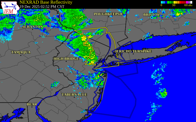 NEXRAD radar during the Friday, December 19, 2025 storm activity in Union County, New Jersey