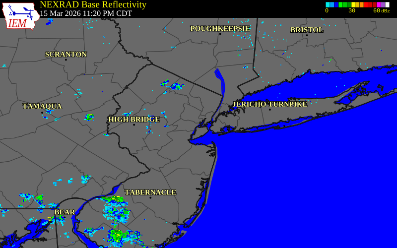 NEXRAD radar during the Monday, March 16, 2026 storm activity in Union County, New Jersey