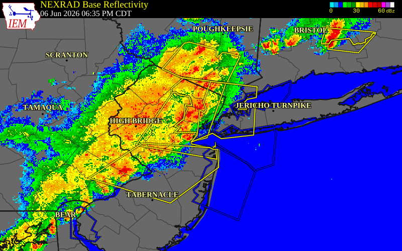 NEXRAD radar during the Saturday, June 6, 2026 storm activity in Union County, New Jersey