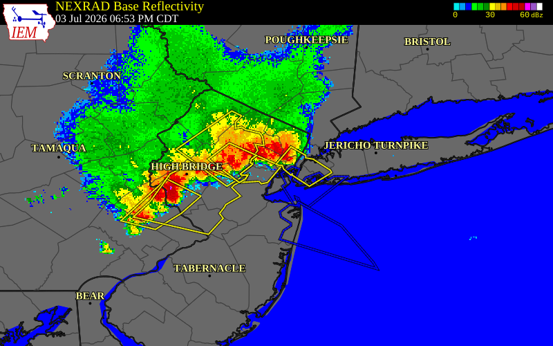 NEXRAD radar during the Friday, July 3, 2026 storm activity in Union County, New Jersey