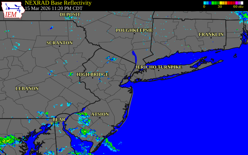 Radar snapshot during the Mar 16, 2026 wind event near Newark Airport, Union County, New Jersey, with NWS warning polygons