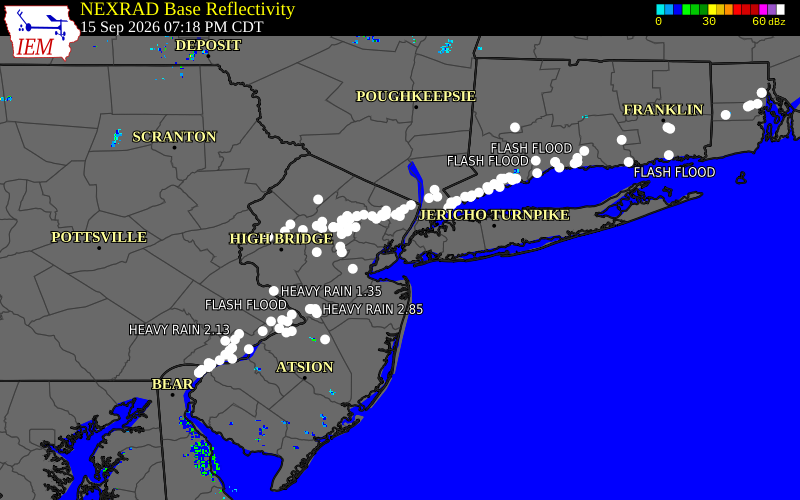 Current NEXRAD radar over Union County, New Jersey with recent storm report locations