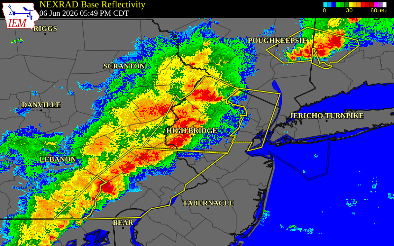 NEXRAD radar during the Saturday, June 6, 2026 storm activity in Warren County, New Jersey