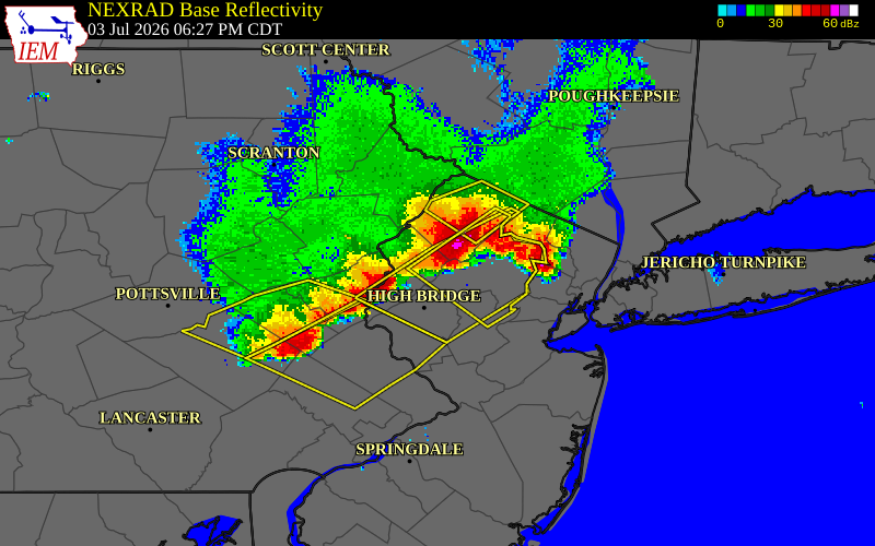 NEXRAD radar during the Friday, July 3, 2026 storm activity in Warren County, New Jersey