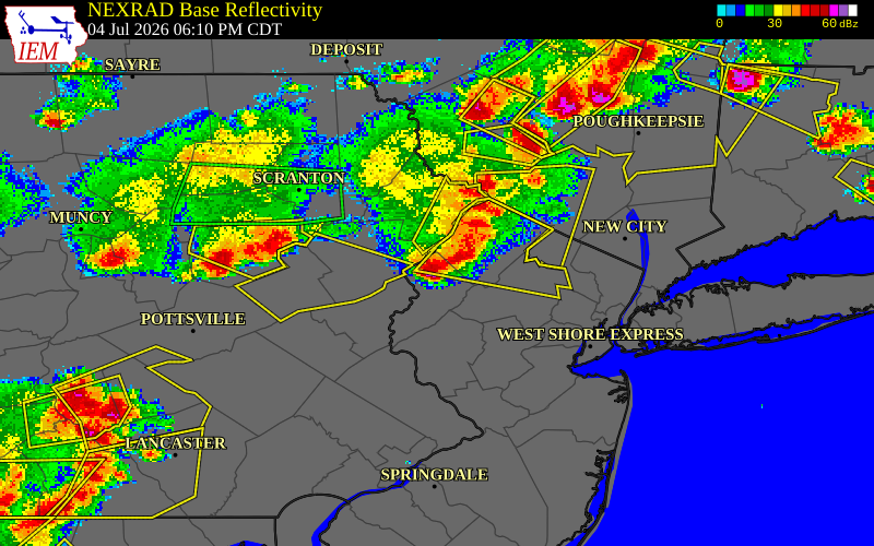 NEXRAD radar during the Saturday, July 4, 2026 storm activity in Warren County, New Jersey