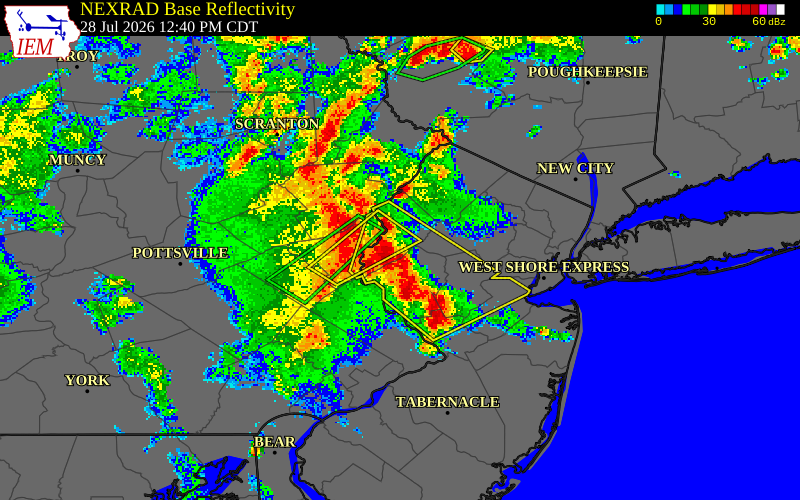 NEXRAD radar during the Tuesday, July 28, 2026 storm activity in Warren County, New Jersey
