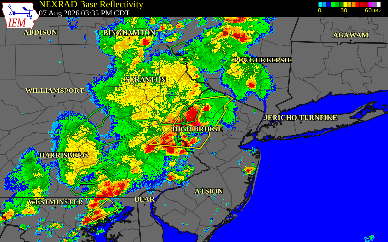 Radar snapshot during the Aug 7, 2026 wind event near Liberty Twp, Warren County, New Jersey, with NWS warning polygons