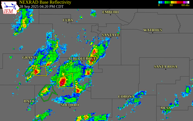 NEXRAD radar during the Sunday, September 28, 2025 storm activity in Bernalillo County, New Mexico