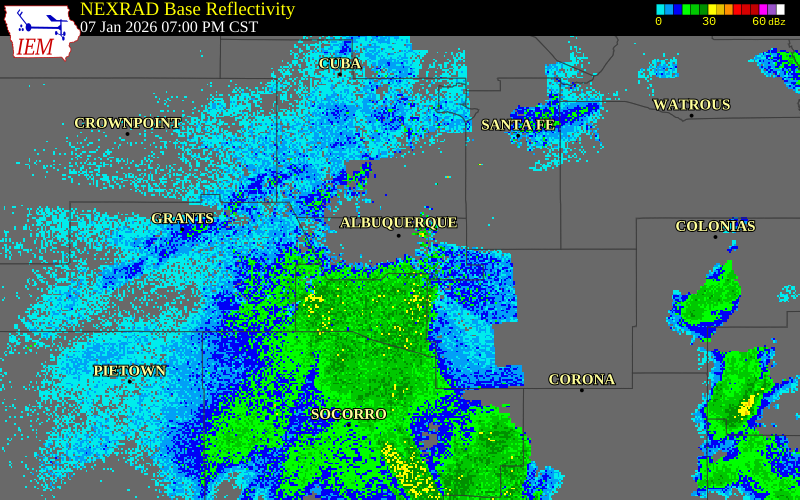 NEXRAD radar during the Wednesday, January 7, 2026 storm activity in Bernalillo County, New Mexico