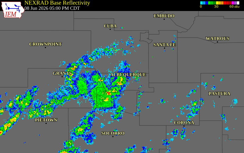 NEXRAD radar during the Monday, June 8, 2026 storm activity in Bernalillo County, New Mexico