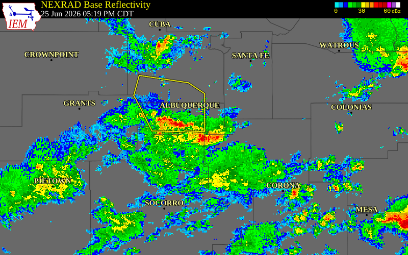 NEXRAD radar during the Thursday, June 25, 2026 storm activity in Bernalillo County, New Mexico