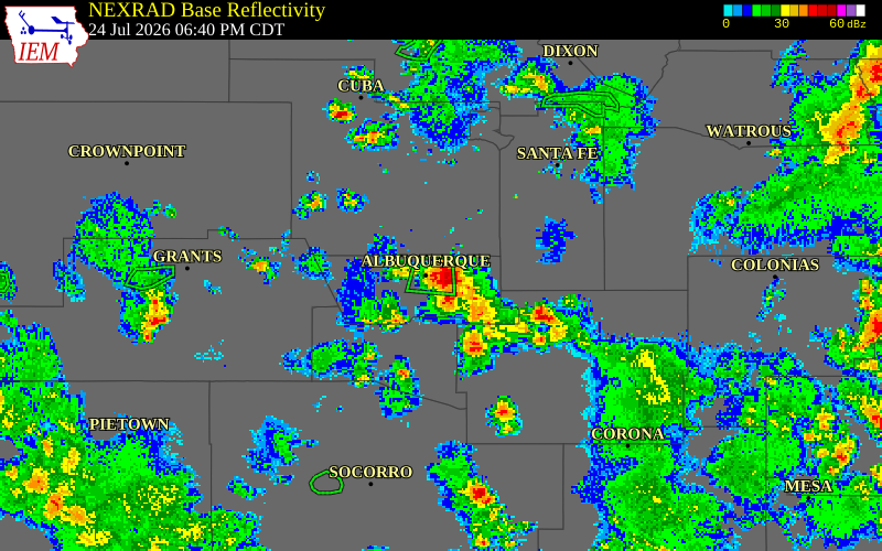 NEXRAD radar during the Friday, July 24, 2026 storm activity in Bernalillo County, New Mexico