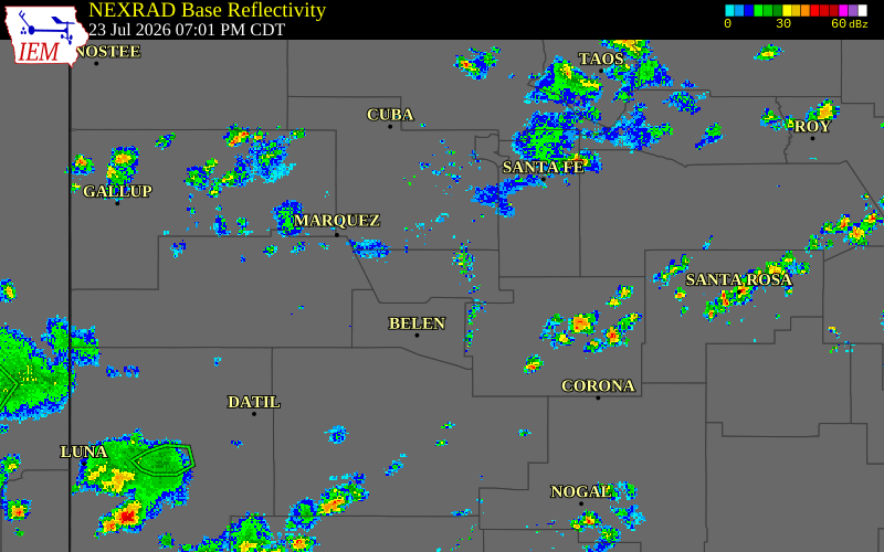 Radar snapshot during the Jul 23, 2026 wind event near 4 NE South Valley, Bernalillo County, New Mexico, with NWS warning polygons