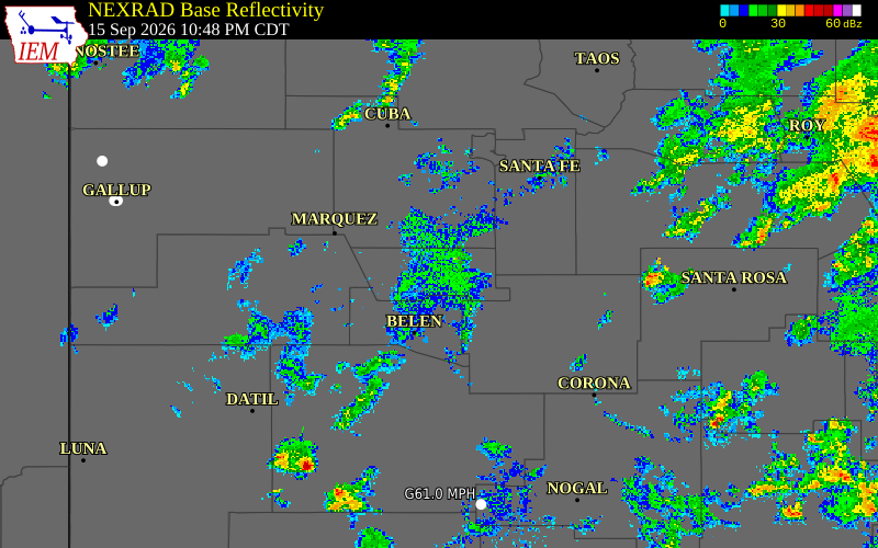 Current NEXRAD radar over Bernalillo County, New Mexico with recent storm report locations