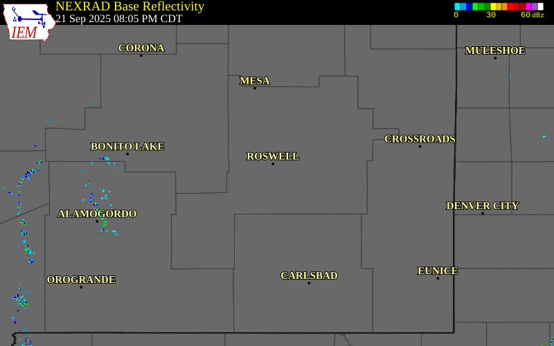 NEXRAD radar during the Sunday, September 21, 2025 storm activity in Chaves County, New Mexico