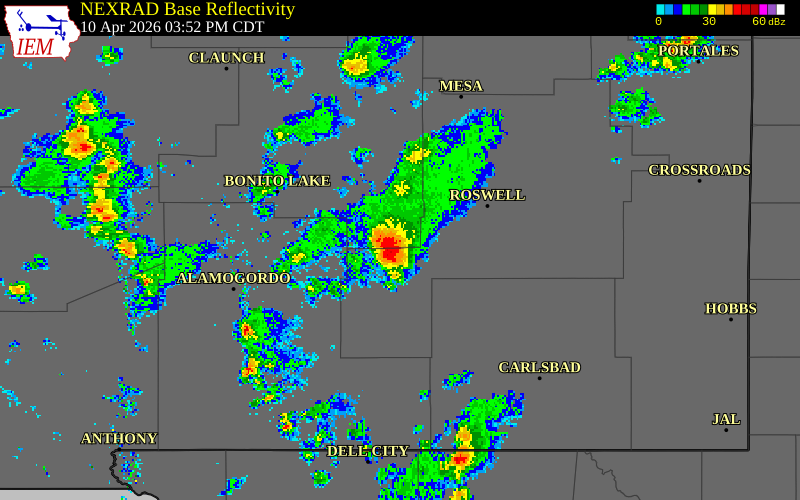 NEXRAD radar during the Friday, April 10, 2026 storm activity in Chaves County, New Mexico