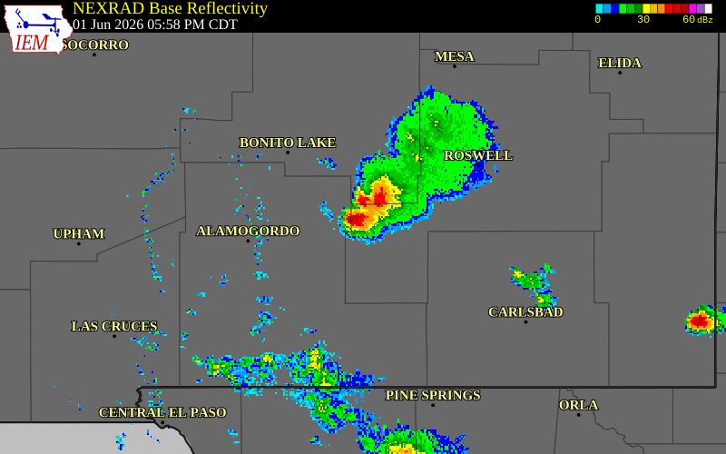 NEXRAD radar during the Monday, June 1, 2026 storm activity in Chaves County, New Mexico