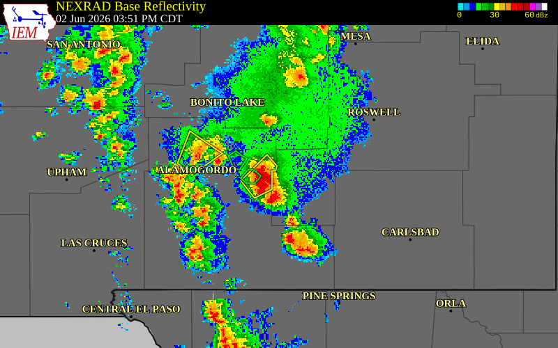 NEXRAD radar during the Tuesday, June 2, 2026 storm activity in Chaves County, New Mexico