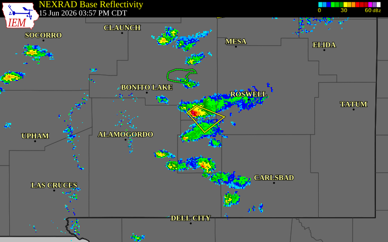 NEXRAD radar during the Monday, June 15, 2026 storm activity in Chaves County, New Mexico