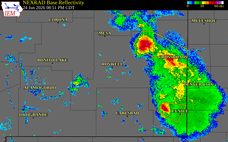 NEXRAD radar during the Wednesday, June 24, 2026 storm activity in Chaves County, New Mexico