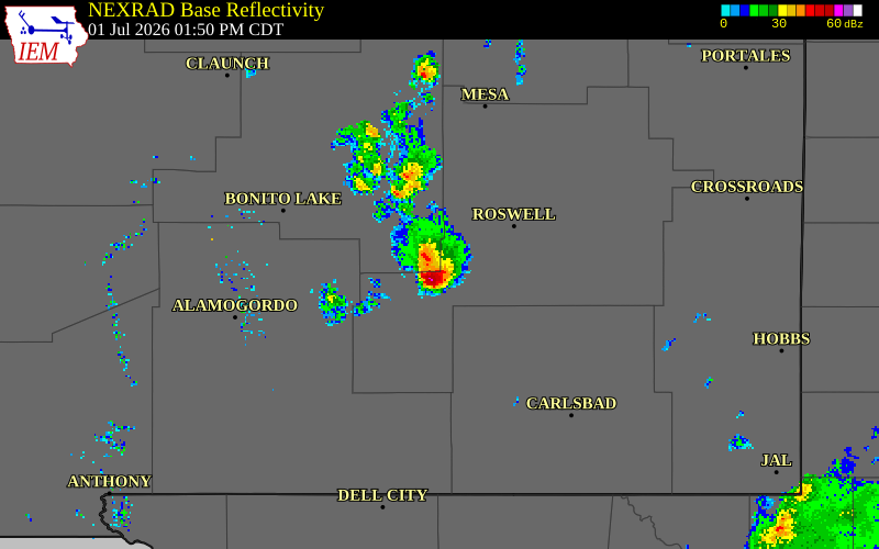 NEXRAD radar during the Wednesday, July 1, 2026 storm activity in Chaves County, New Mexico