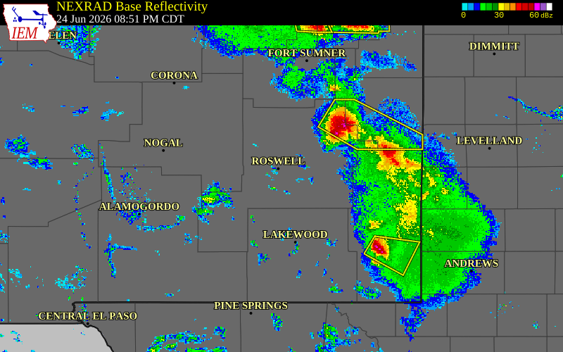 Radar snapshot during the Jun 24, 2026 wind event near 3 W Midway, Chaves County, New Mexico, with NWS warning polygons