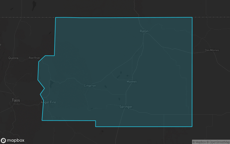 Map of Colfax County, New Mexico showing the county boundary and surrounding cities