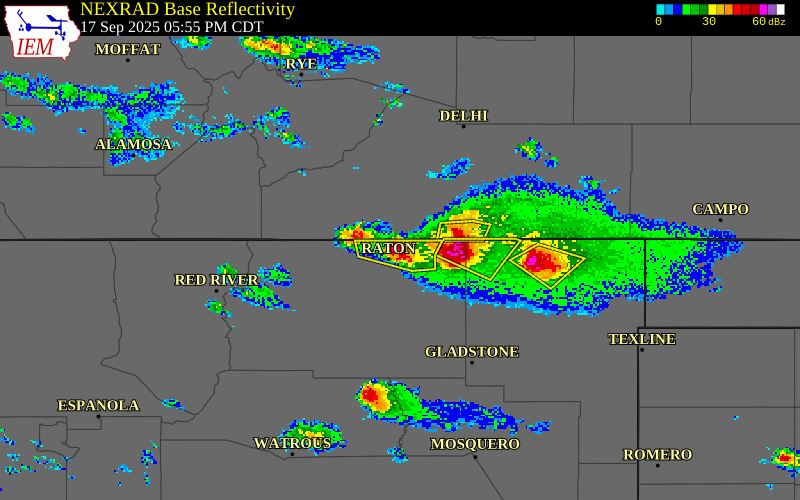 NEXRAD radar during the Wednesday, September 17, 2025 storm activity in Colfax County, New Mexico