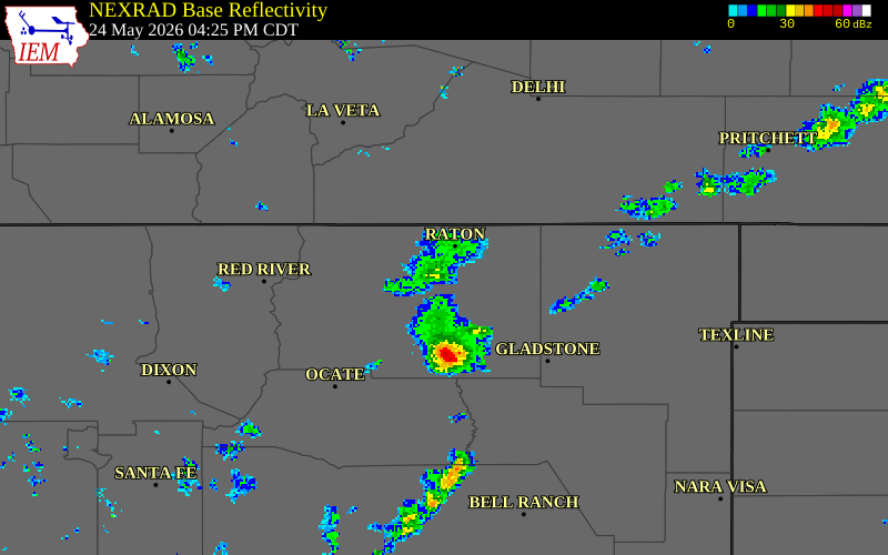 NEXRAD radar during the Sunday, May 24, 2026 storm activity in Colfax County, New Mexico