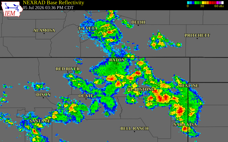 NEXRAD radar during the Sunday, July 5, 2026 storm activity in Colfax County, New Mexico