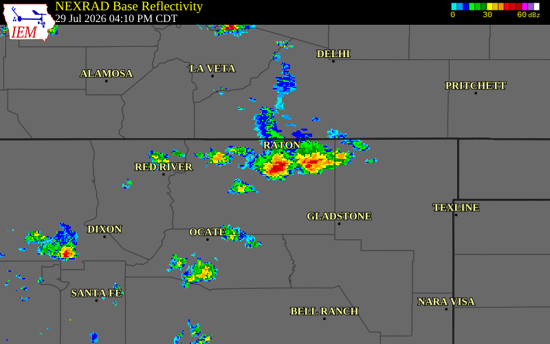 NEXRAD radar during the Wednesday, July 29, 2026 storm activity in Colfax County, New Mexico