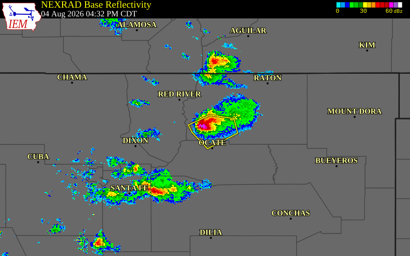 NEXRAD radar during the Tuesday, August 4, 2026 storm activity in Colfax County, New Mexico