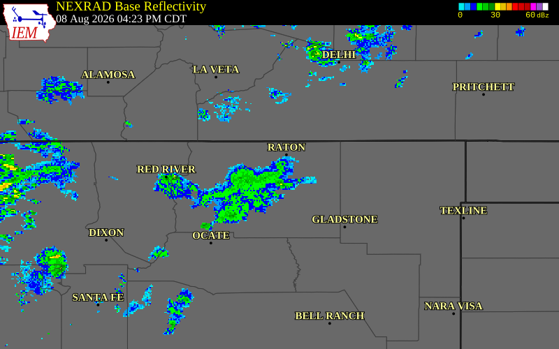 NEXRAD radar during the Saturday, August 8, 2026 storm activity in Colfax County, New Mexico