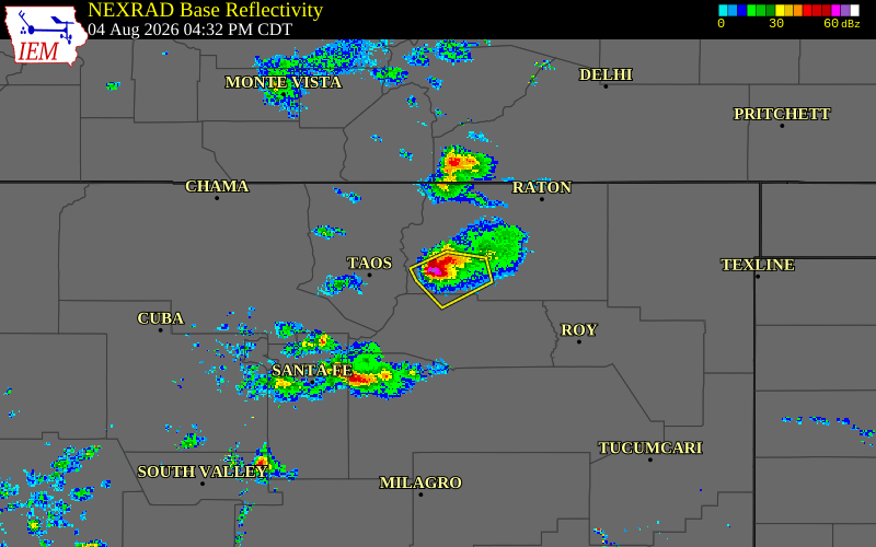 Radar snapshot during the Aug 4, 2026 hail event near 6 E Angel Fire Ski Area, Colfax County, New Mexico, with NWS warning polygons