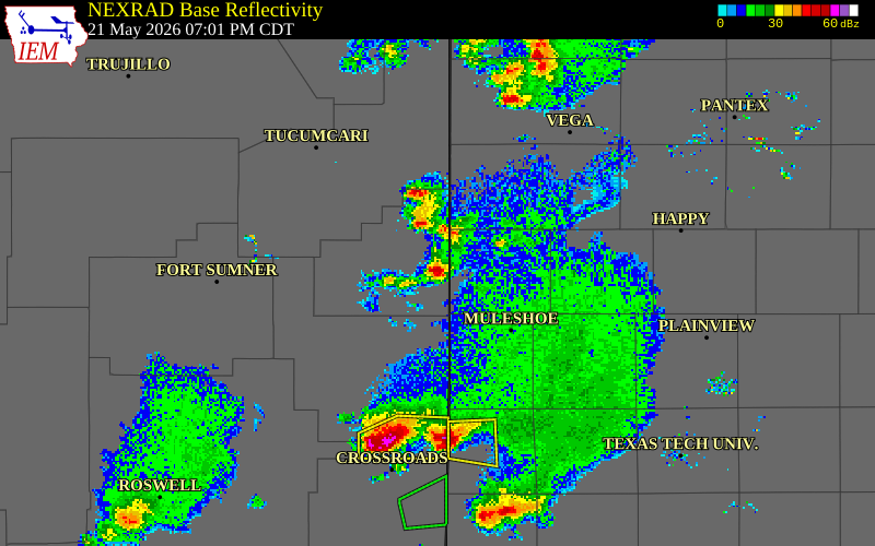NEXRAD radar during the Thursday, May 21, 2026 storm activity in Curry County, New Mexico