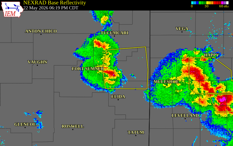 NEXRAD radar during the Friday, May 22, 2026 storm activity in Curry County, New Mexico