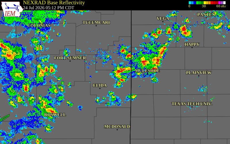 NEXRAD radar during the Friday, July 24, 2026 storm activity in Curry County, New Mexico