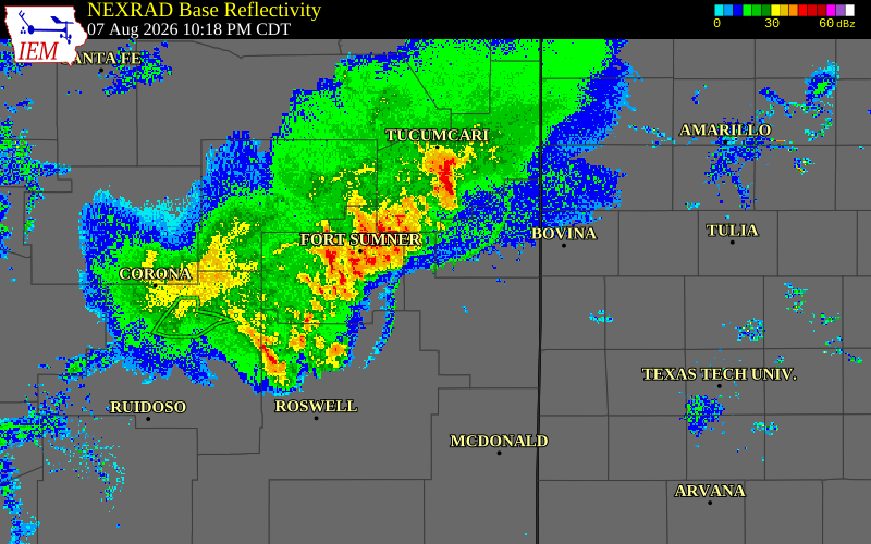 Radar snapshot during the Aug 7, 2026 wind event near Curry County, Curry County, New Mexico, with NWS warning polygons