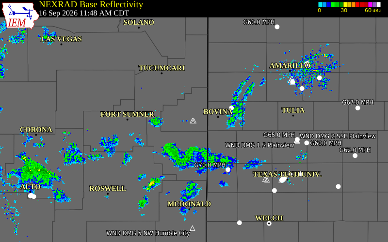 Current NEXRAD radar over Curry County, New Mexico with recent storm report locations