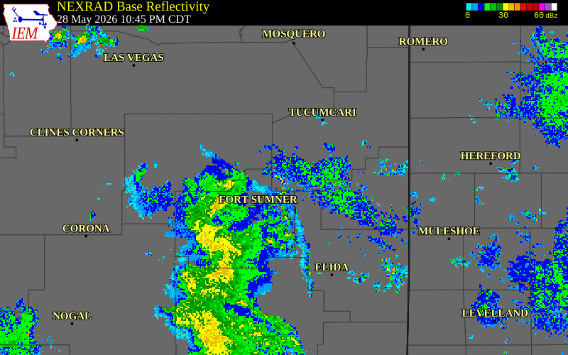 NEXRAD radar during the Thursday, May 28, 2026 storm activity in De Baca County, New Mexico