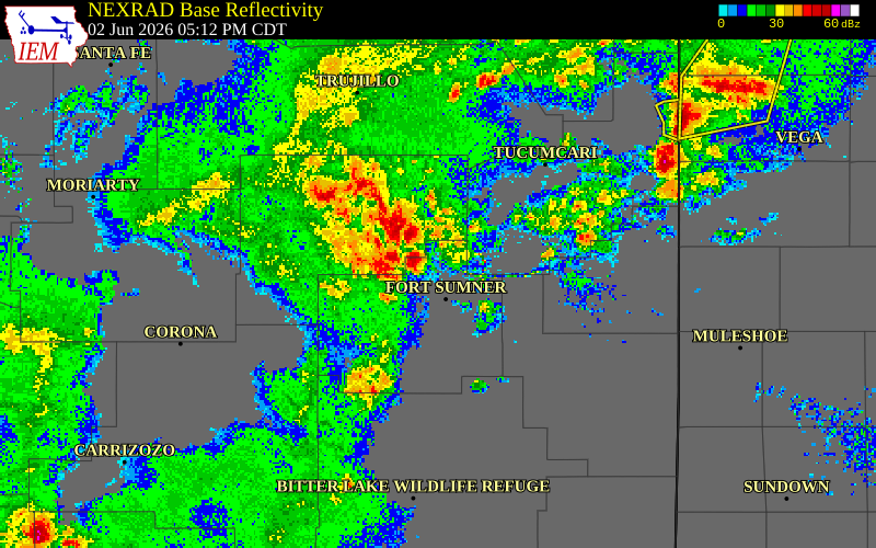 NEXRAD radar during the Tuesday, June 2, 2026 storm activity in De Baca County, New Mexico