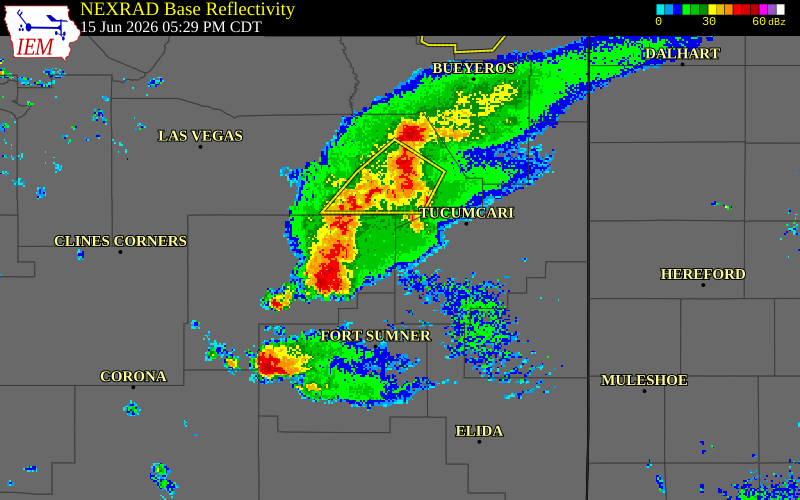 NEXRAD radar during the Monday, June 15, 2026 storm activity in De Baca County, New Mexico