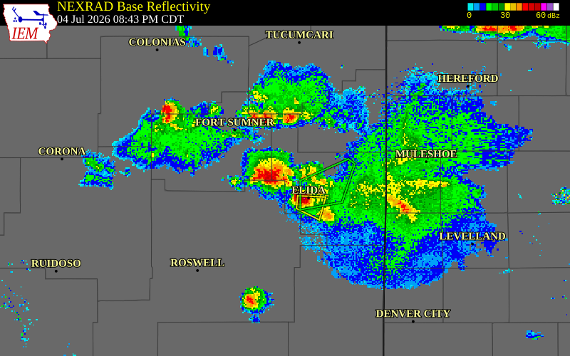 NEXRAD radar during the Saturday, July 4, 2026 storm activity in De Baca County, New Mexico